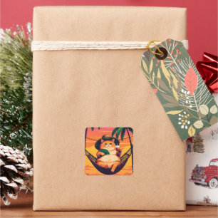 Pegatina Cuadrada Vacaciones divertidas de gato de verano retro