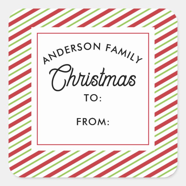 Pegatina Cuadrada Vacaciones en franjas diagonales rojas y verdes (Anverso)