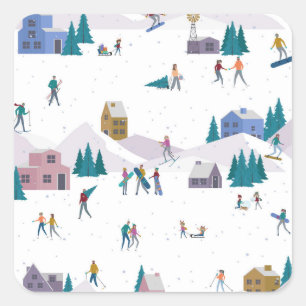 Pegatina Cuadrada Vacaciones en los Alpes de Invierno: gente activa
