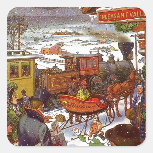 Pegatina Cuadrada Vacaciones en tren de antiguos Navidades del Valle (Anverso)