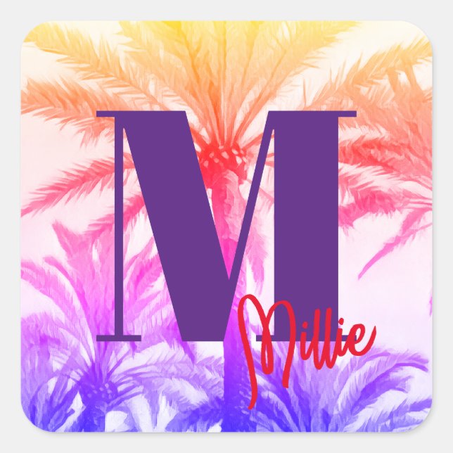 Pegatina Cuadrada vacaciones veraniegas de palmeras tropicales retro (Anverso)