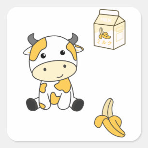 Pegatina Cuadrada Vacas bananeras japonesas Kawaii retro