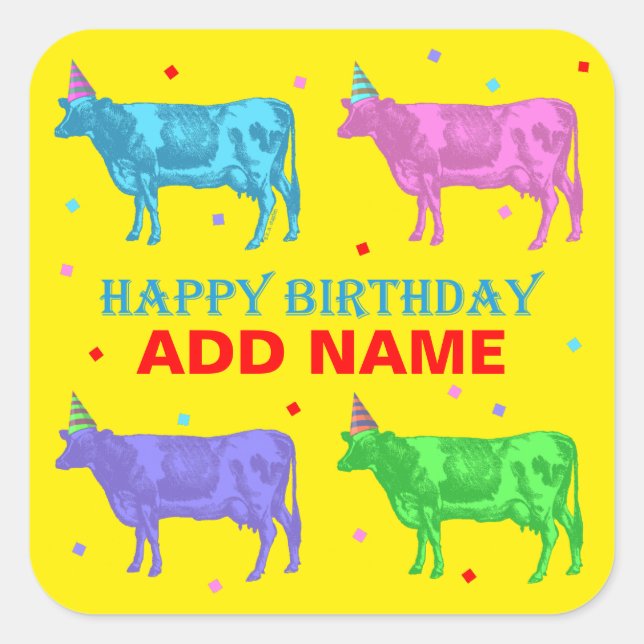 Pegatina Cuadrada Vacas de arte pop feliz cumpleaños (Anverso)