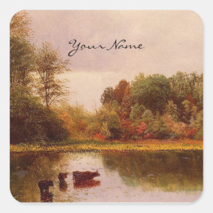 Pegatina Cuadrada Vacas En Un Paisaje Agudo, Albert Bierstadt