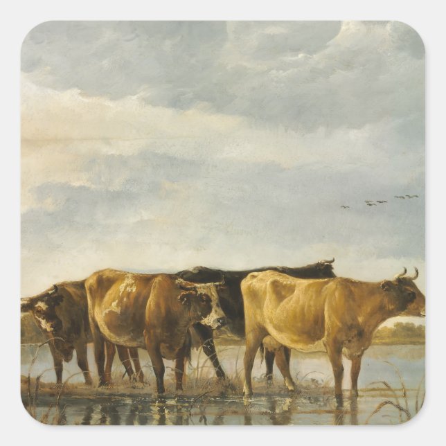 Pegatina Cuadrada Vacas en un río Aelbert Cuyp (Anverso)