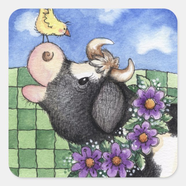 Pegatina Cuadrada Vacas y polluelos - Pegatinas (Anverso)