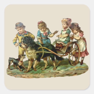 Pegatina Cuadrada Vagón Antiguo de Niños y Perro
