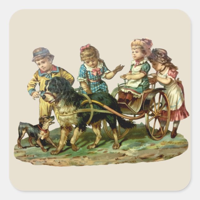 Pegatina Cuadrada Vagón Antiguo de Niños y Perro (Anverso)