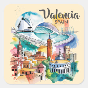Pegatina Cuadrada Valencia España Paisaje Urbano Acuarela Viaje Pers