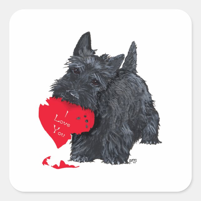 Pegatina Cuadrada Valentín del Terrier Escocés (Anverso)