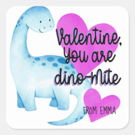 Pegatina Cuadrada Valentine eres corazones de dinosaurios azules de