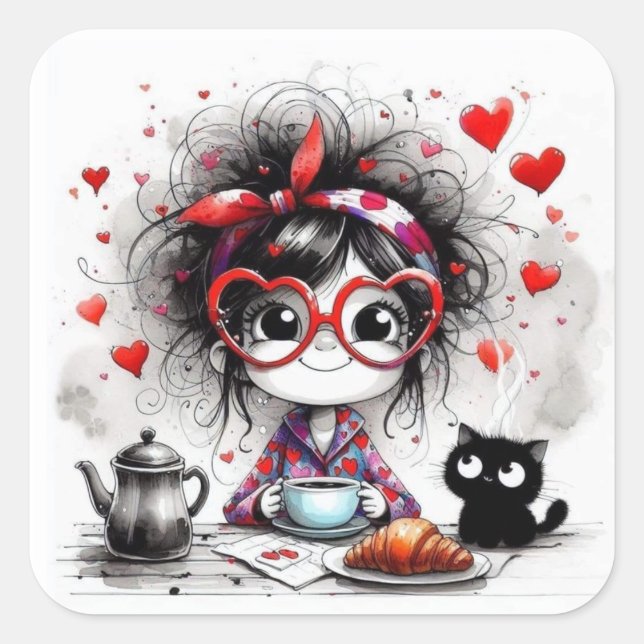 Pegatina Cuadrada Valentine Girl Art 3 Inch Sticker – Kawaii Love (Anverso)