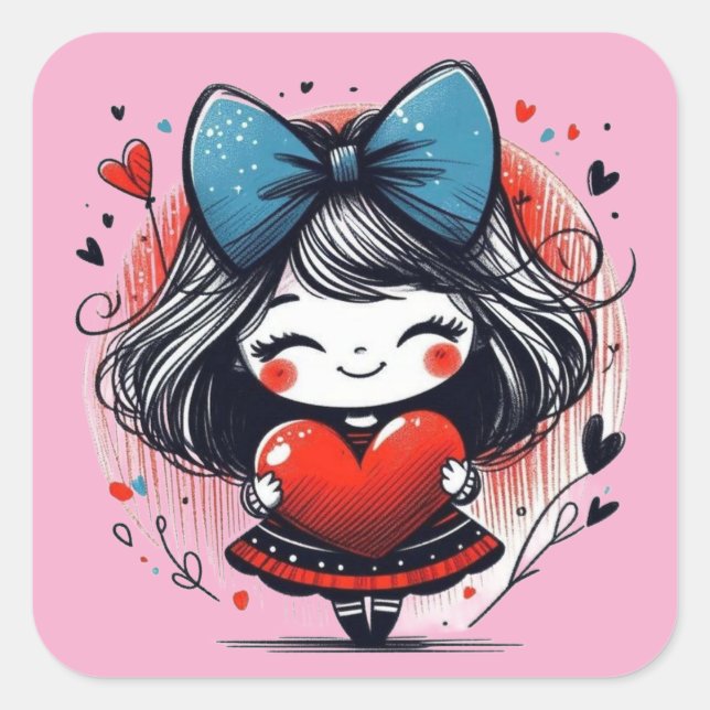 Pegatina Cuadrada Valentine Girl Art 3 Inch Sticker – Kawaii Love (Anverso)