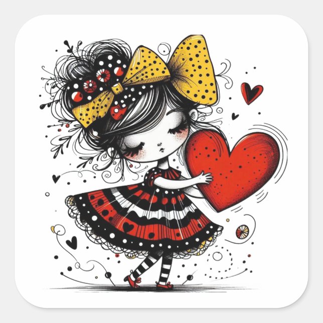 Pegatina Cuadrada Valentine Girl Art 3 Inch Sticker – Kawaii Love (Anverso)