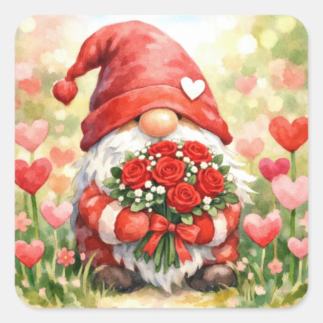 Pegatina Cuadrada Valentine Gnome with Red Rose Bouquet (Anverso)