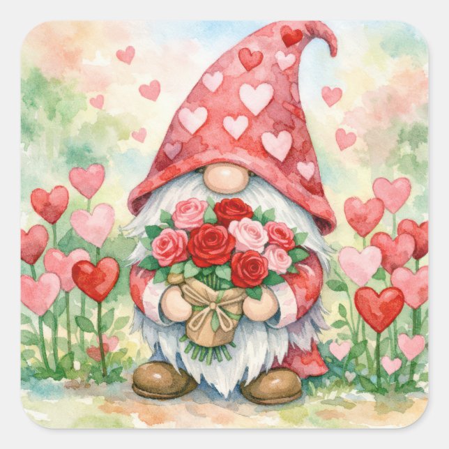 Pegatina Cuadrada Valentine Gnome with Red Roses (Anverso)