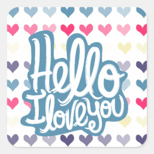 Pegatina Cuadrada Valentine Hearts Blue Hola, Te Amo