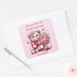 Pegatina Cuadrada Valentine Love Rosa Bear