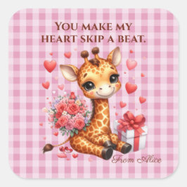 Pegatina Cuadrada Valentine Love Rose Bouquet Giraffe