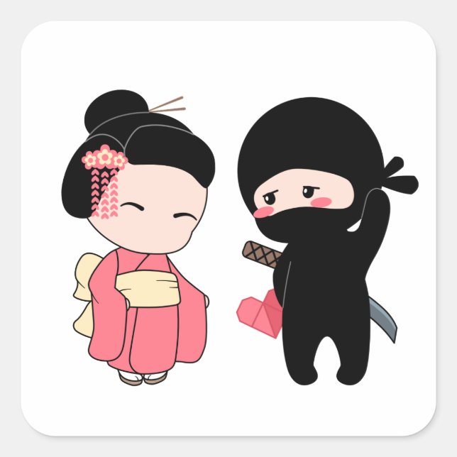 Pegatina Cuadrada Valentine Ninja y Geisha (Anverso)