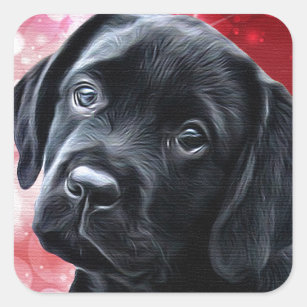Pegatina Cuadrada Valentine Puppy - Labrador Negro - Cachorro de lab