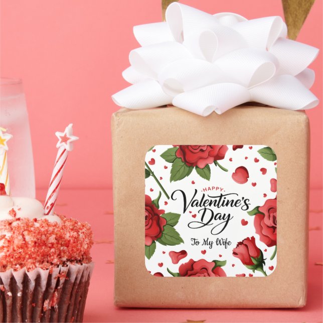 Pegatina Cuadrada Valentine`s Day Romantic Red Rose Hearts Floral (Fiesta)