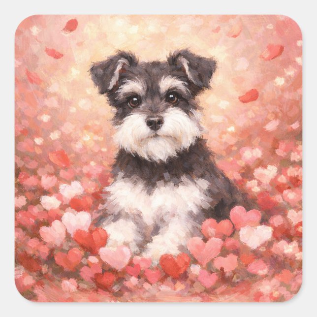 Pegatina Cuadrada Valentine Schnauzer with Hearts (Anverso)