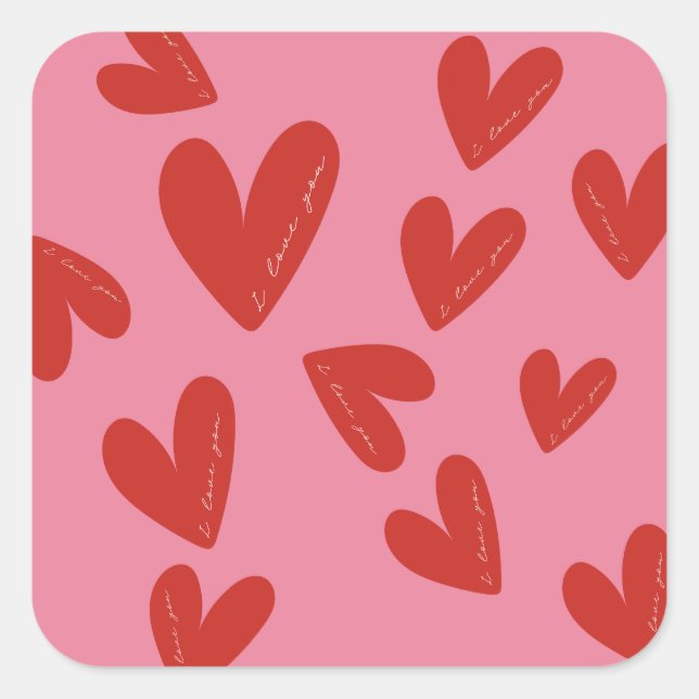 Pegatina Cuadrada Valentine's Day Modern Red & Pink Hearts Script (Anverso)