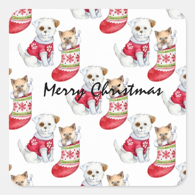 Pegatina Cuadrada Valores de perros y gatos de navidades (Anverso)