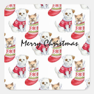 Pegatina Cuadrada Valores de perros y gatos de navidades