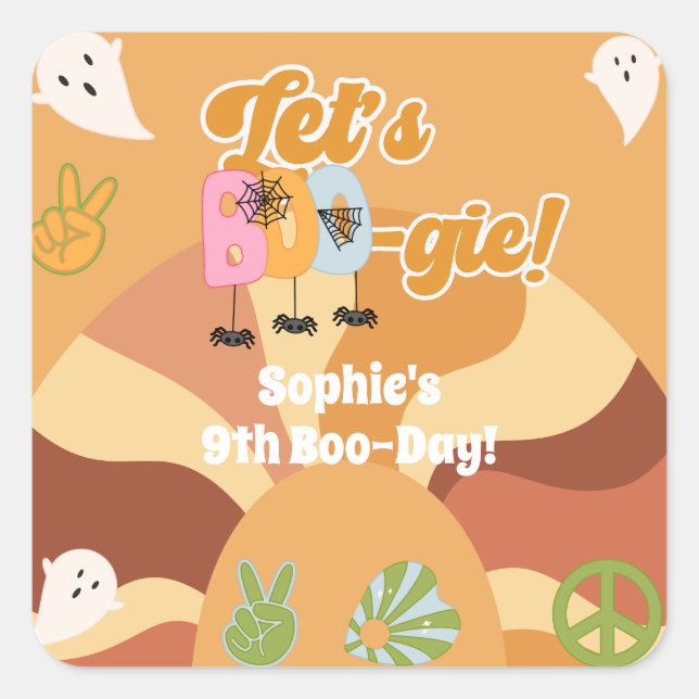 Pegatina Cuadrada Vamos a boo-gie halloween retro niños cumpleaños (Anverso)