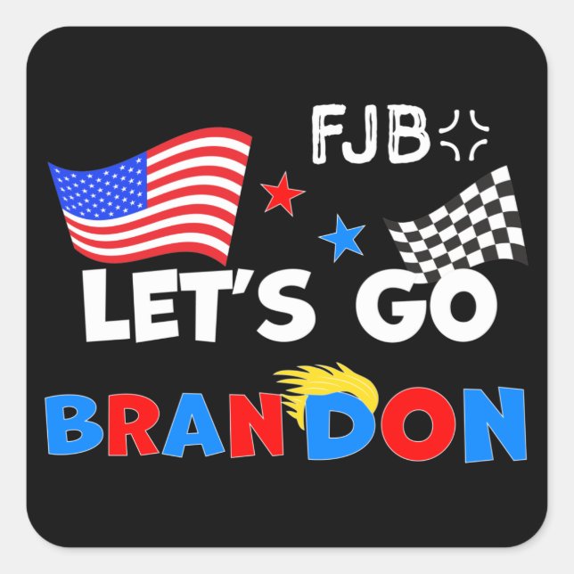 Pegatina Cuadrada VAMOS A BRANDON con el pelo de TRUMP (Anverso)