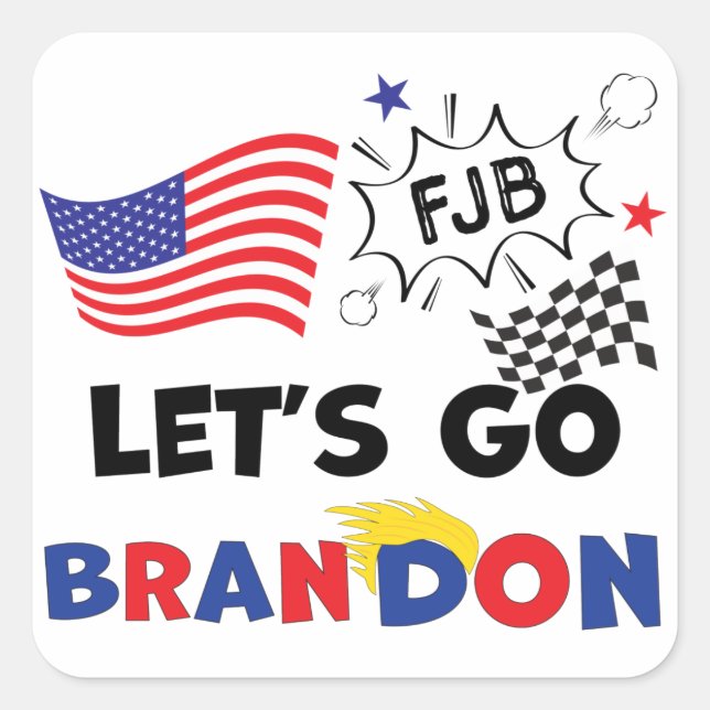 Pegatina Cuadrada VAMOS A BRANDON con el pelo de Trump (Anverso)