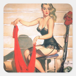 Pegatina Cuadrada Vamos a cazar - Arte vintage de chicas pin-up