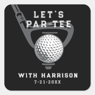 Pegatina Cuadrada Vamos a Par-Tee Tema de Golf Cumpleaños Negro