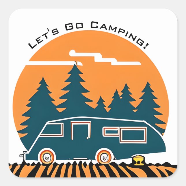 Pegatina Cuadrada Vamos Camping Fun Retro RV (Anverso)