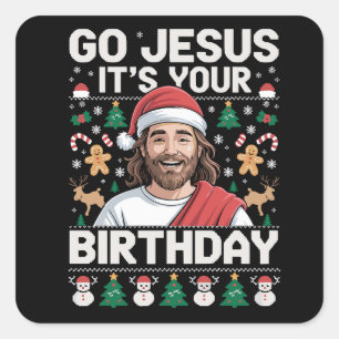 Pegatina Cuadrada Vamos Jesús Es Tu Cumpleaños Suéter Feo De Navidad