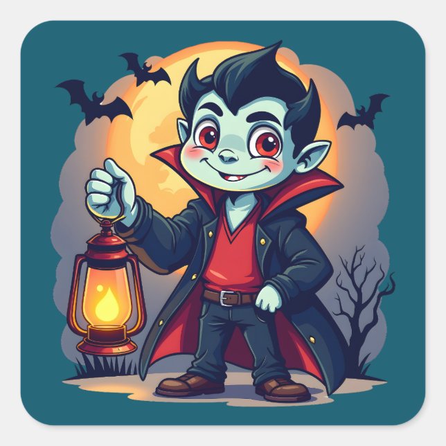 Pegatina Cuadrada Vampiro lindo con Halloween con linterna Kawaii (Anverso)