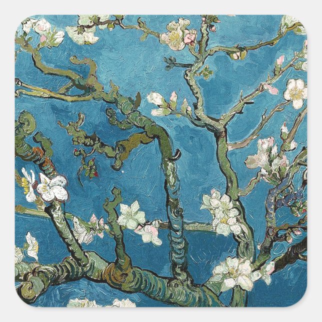 Pegatina Cuadrada Van Gogh Almond Flores Azul Floral (Anverso)