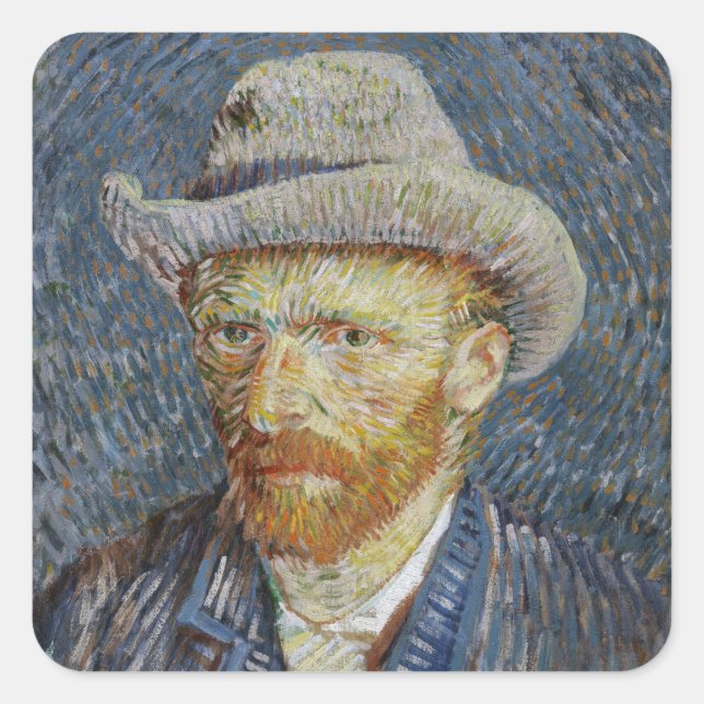 Pegatina Cuadrada Van Gogh Autoretrato Gray Felt Gorra Pintura (Anverso)