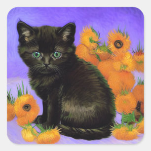 Pegatina Cuadrada Van Gogh Black Kitten con girasoles