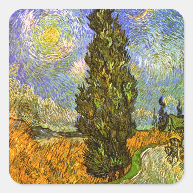 Pegatina Cuadrada Van Gogh: Carretera con Cypress y Star (Anverso)