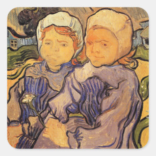 Pegatina Cuadrada Van Gogh, Dos Niños, Arte Impresionista Antiguo