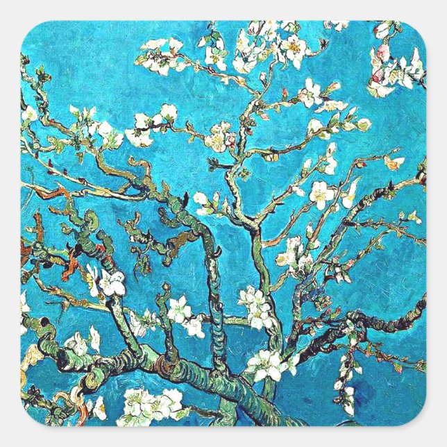 Pegatina Cuadrada Van Gogh - Flores de almendras, pintura famosa (Anverso)