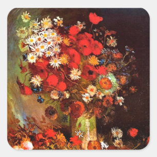 Pegatina Cuadrada Van Gogh - Jarrón con amapolas, acianos, peonías