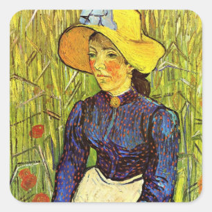 Pegatina Cuadrada Van Gogh, Joven campesina con sombrero de paja