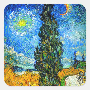 Pegatina Cuadrada Van Gogh Road con Cypress y Star
