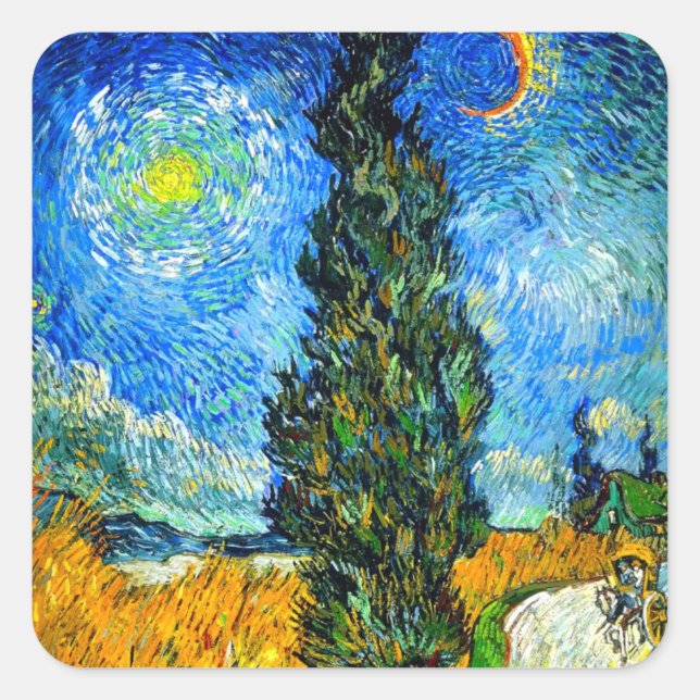 Pegatina Cuadrada Van Gogh Road con Cypress y Star (Anverso)