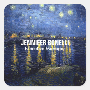 Pegatina Cuadrada Van Gogh Starry Night Painting Añadir tu nombre