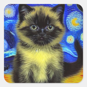 Pegatina Cuadrada Van Gogh Starry Night Siamese Cat